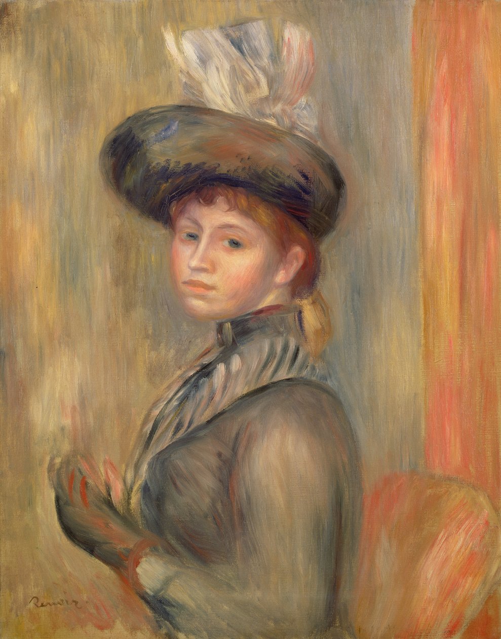 Flicka i gråblått, tar på sig sin handske, c.1889 av Pierre Auguste Renoir