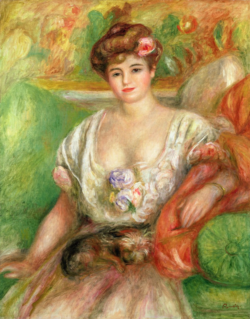 Misia Sert (1872-1950) med en knähund, ca 1906 av Pierre Auguste Renoir