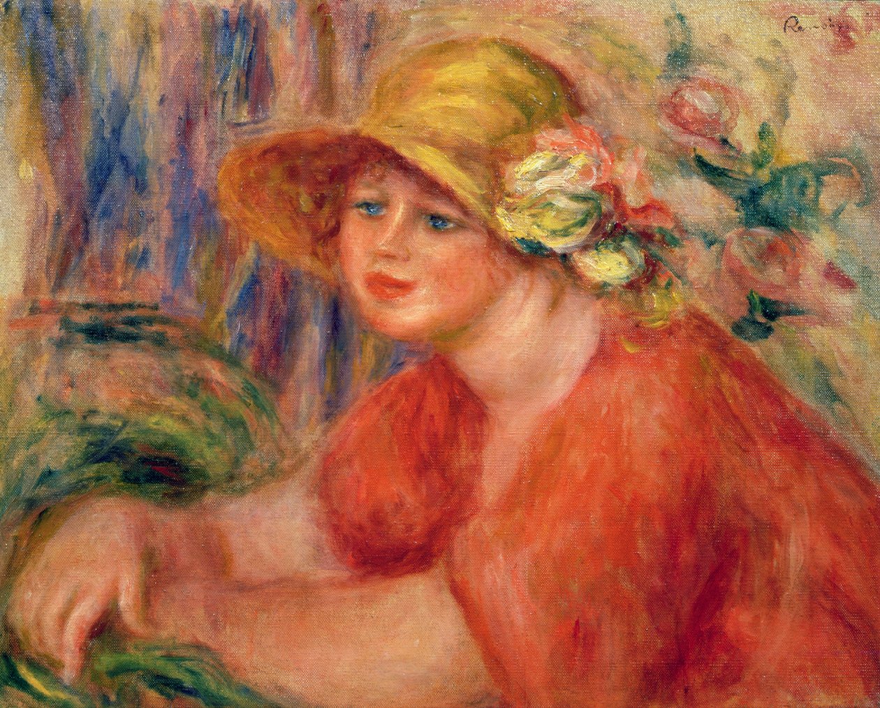Porträtt av en kvinna i en hatt dekorerad med blommor av Pierre Auguste Renoir