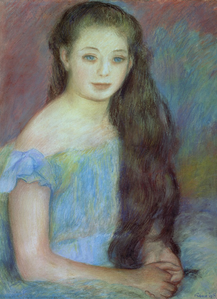 Porträtt av en ung flicka med blå ögon, 1887 (pastell) av Pierre Auguste Renoir