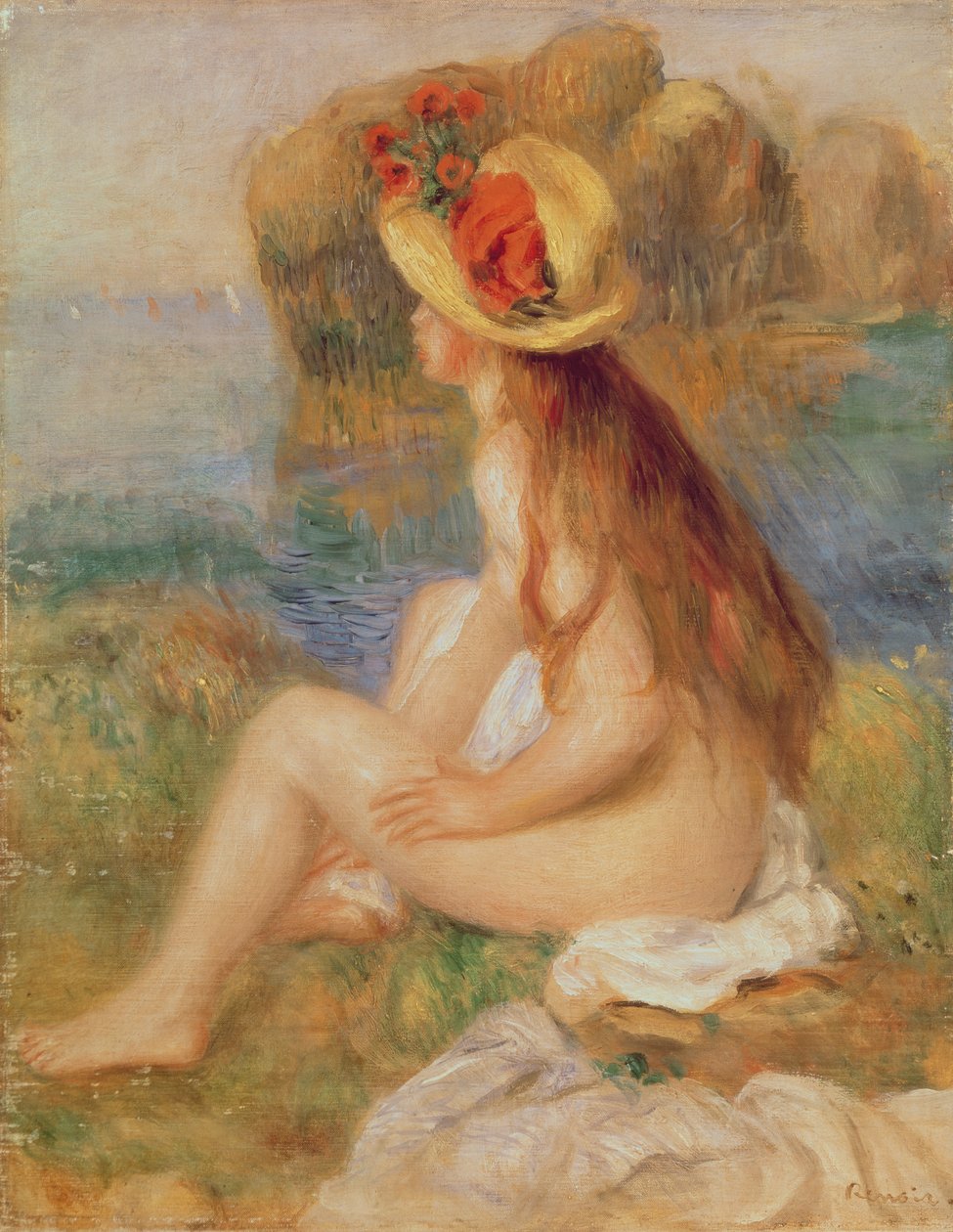 Sittande kvinnlig badgäst i stråhatt av Pierre Auguste Renoir