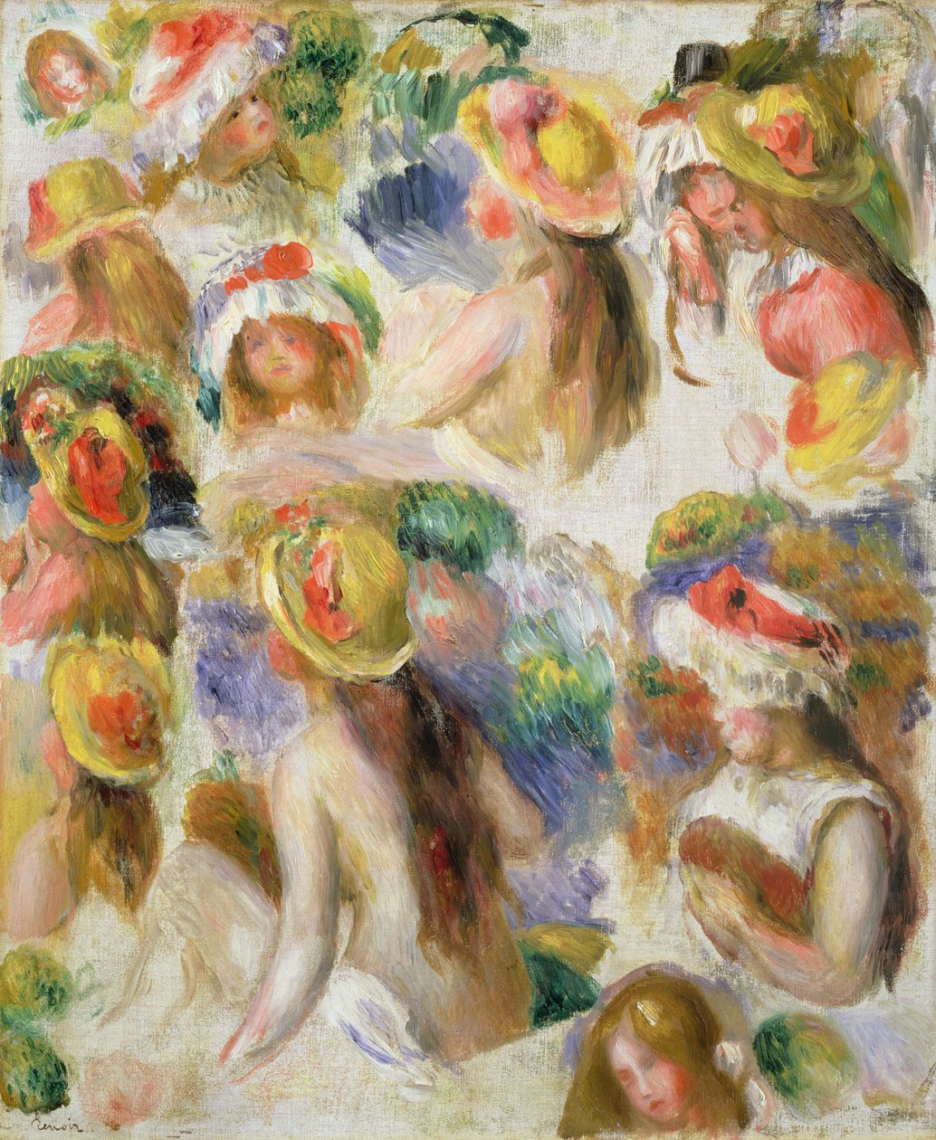 Studie av flickor som bär hattar av Pierre Auguste Renoir