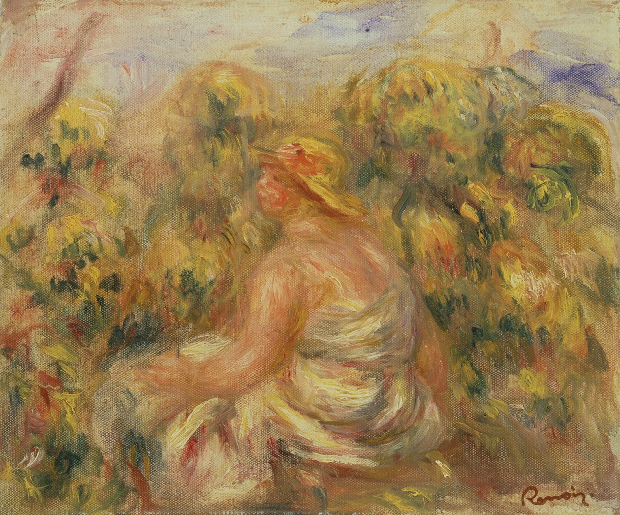 Kvinna med hatt i ett landskap c.1918 av Pierre Auguste Renoir
