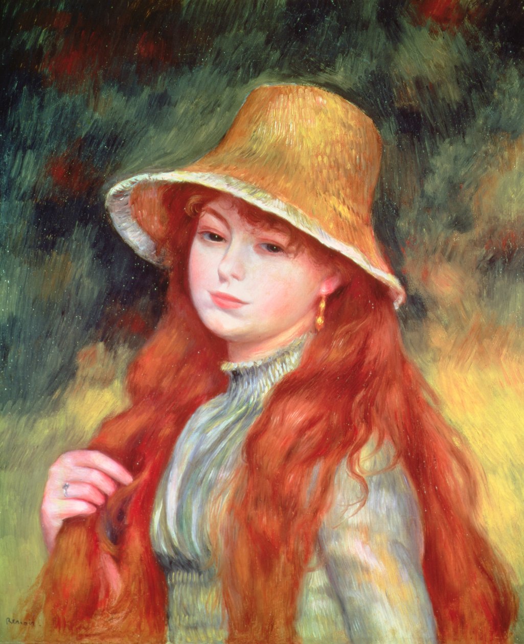 Ung flicka med långt hår, eller ung flicka i stråhatt, 1884 av Pierre Auguste Renoir