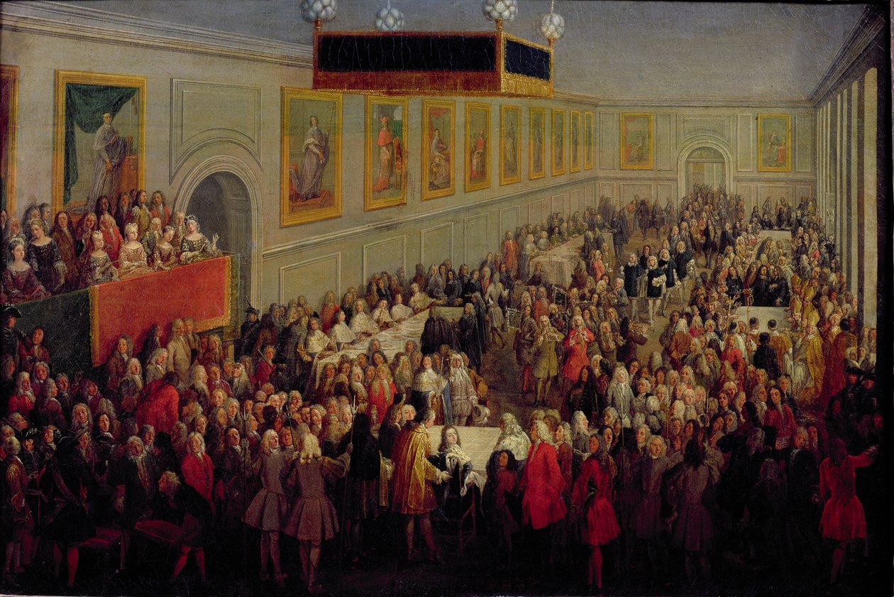 Högtid ges efter Ludvig XV:s kröning (1710-74) i Palais Archiepiscopal i Reims, 25 oktober 1722, 1722 av Pierre Denis Martin