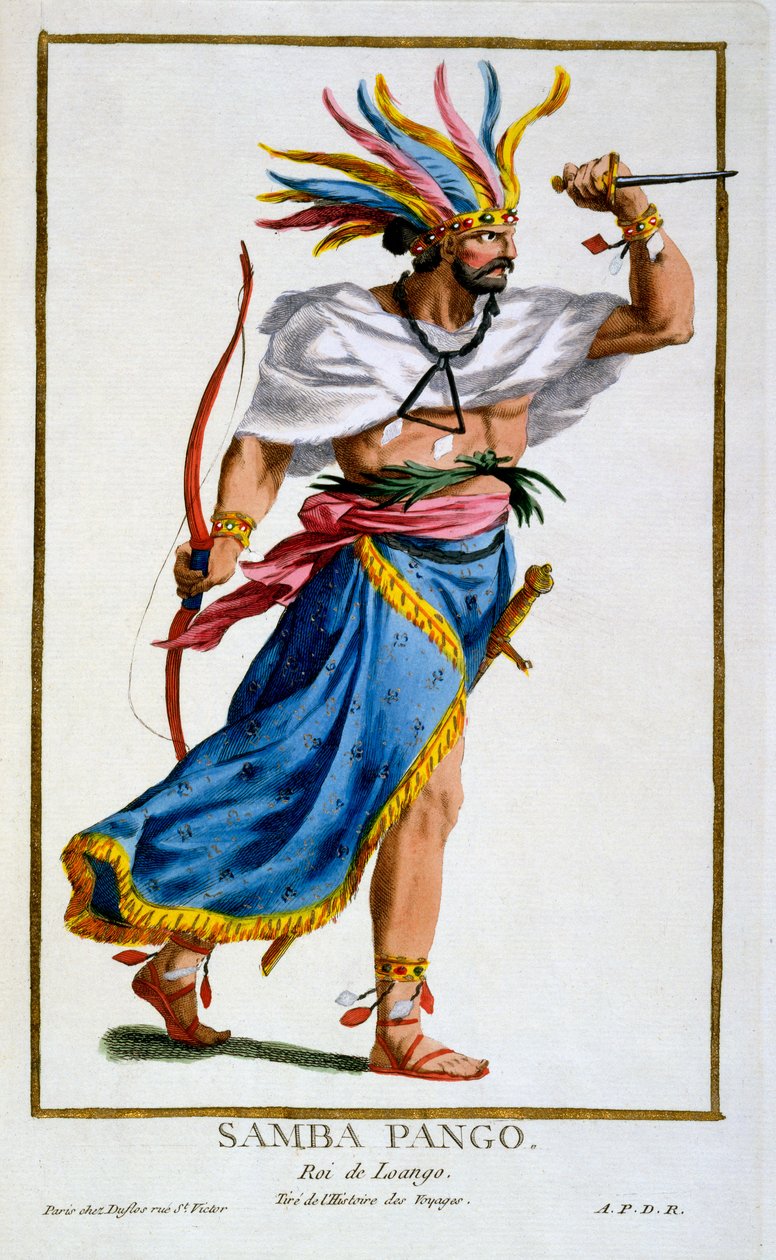 Samba Pango, härskare över Luango, från "Recueil des Estampes, Representant les Rangs et les Dignités, suivant le Costume de toutes les Nations Existantes", publicerad 1780 (handkolorerad gravyr). av Pierre Duflos