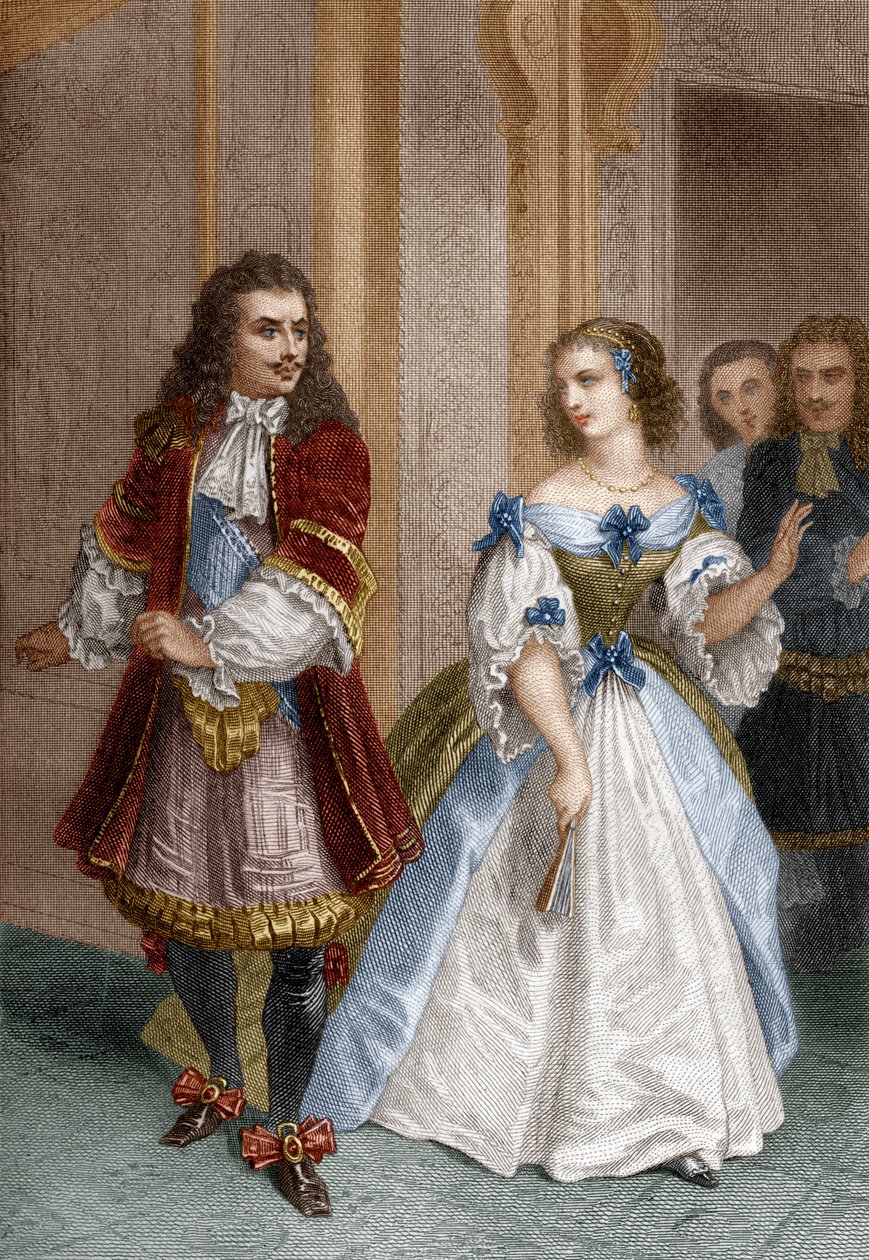 Karaktärer från Misantropen av Moliere: Alceste, Celimene, Eliante, Philinte, gravyr av Delannoy, 1870 av Pierre Gustave Eugene 1817 82 after Staal