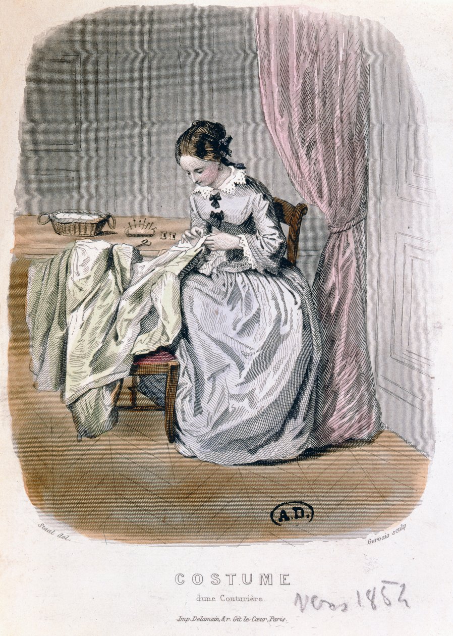 A Couturier at Work, graverad av Gervais (1800-talet) 1854 av Pierre Gustave Eugene Staal