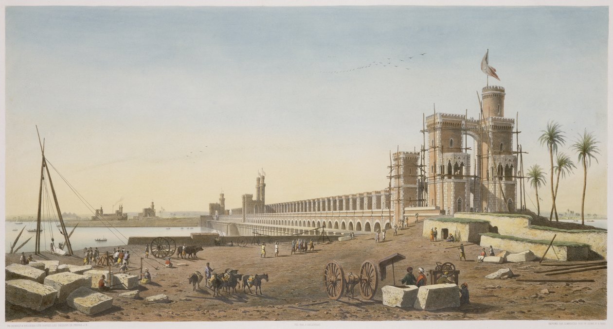 Dammen över Nilen, byggandet av Assuan-dammen, graverad av Philippe Benoist (1813-c.1905) och Eugene Ciceri (1813-90) 1853 av Pierre Joseph Bazin