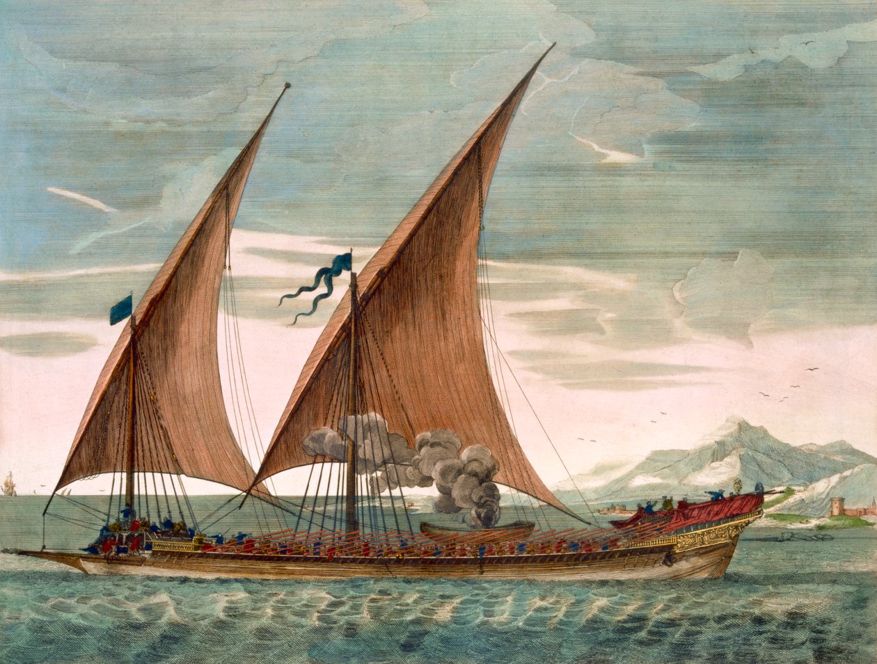 Galär under segel, med flaggstång för befälhavaren i eskadern, från "Le Naptune Francois", ca 1693-1700 (handkolorerat gravyr) av Pierre Mortier