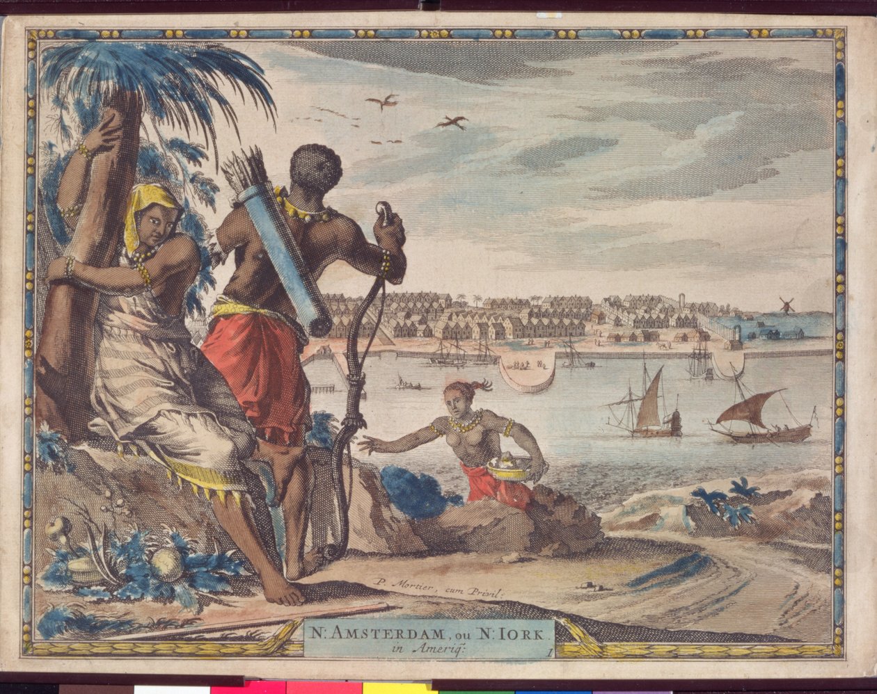 New Amsterdam eller New York i Amerika, ca 1700 (brunt bläck på papper) av Pierre Mortier
