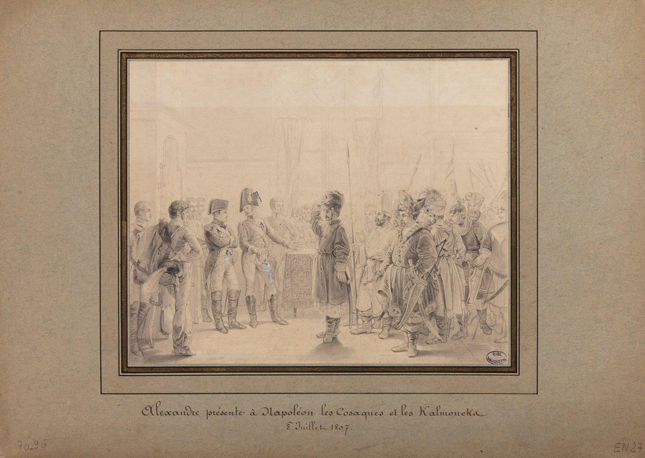 Alexander I presenterar den ryska arméns kosacker och kalmuker för Napoleon I i Tilsit den 8 juli 1807 av Pierre Nolasque Bergeret