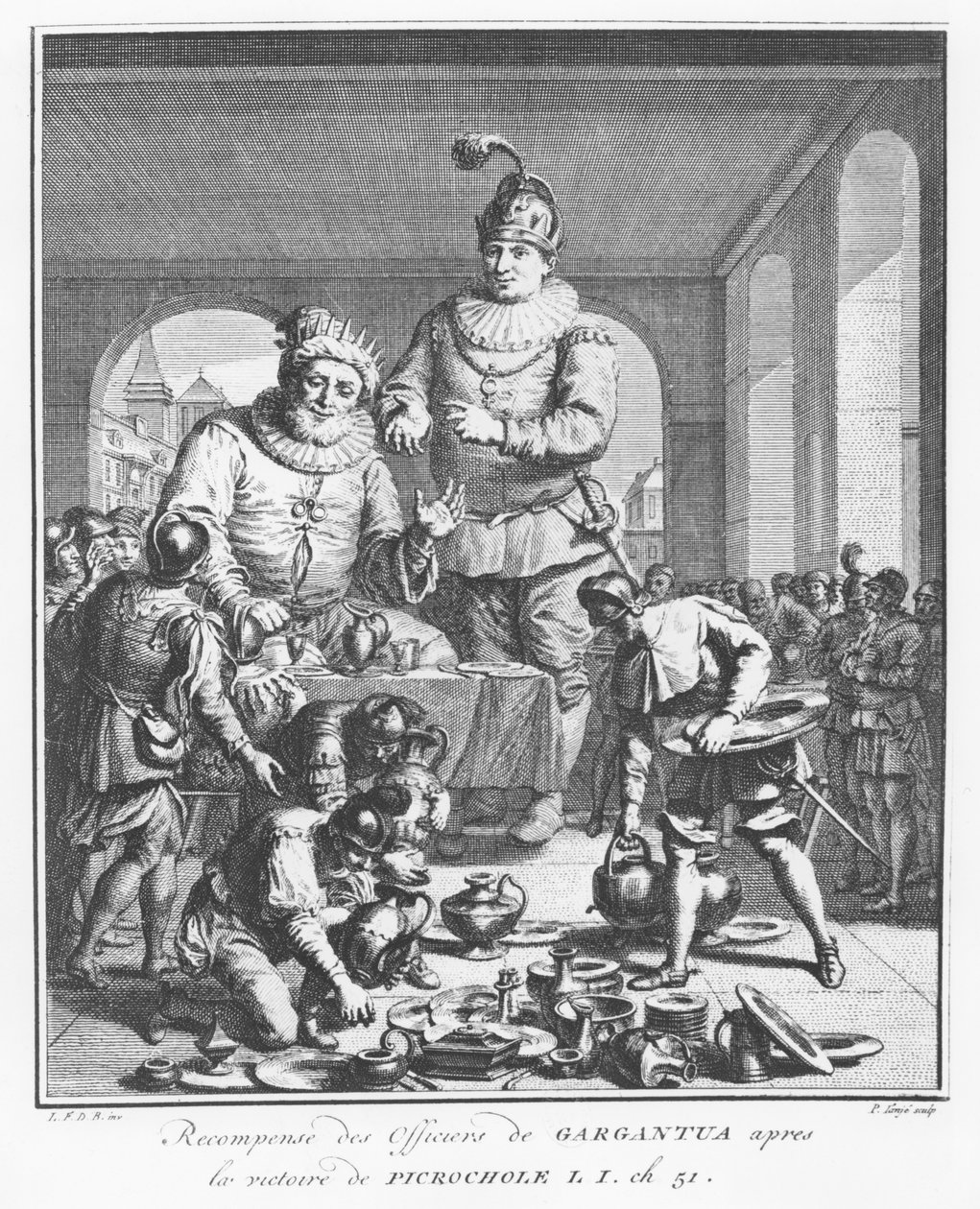 Gargantua belönar officerare efter segern i Picrochole, illustration från "The Life of Gargantua and Pantagruel" av François Rabelais. av Pierre Tanje