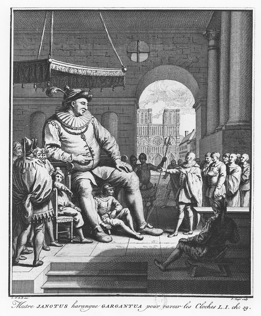 Mästare Janotus uppmanar Gargantua att ge tillbaka klockorna, illustration från "The Life of Gargantua and Pantagruel", av François Rabelais. av Pierre Tanje