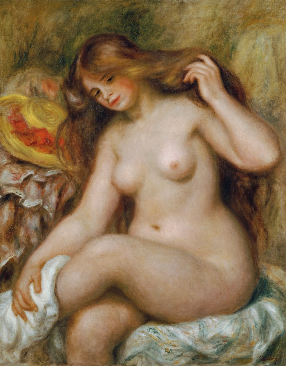 Badande med blont, löst hår av Pierre Auguste Renoir