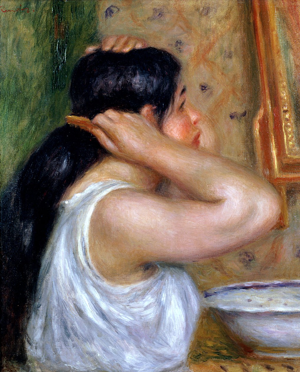 Pige kæmmer sit hår, 1907-8 swed av Pierre Auguste Renoir