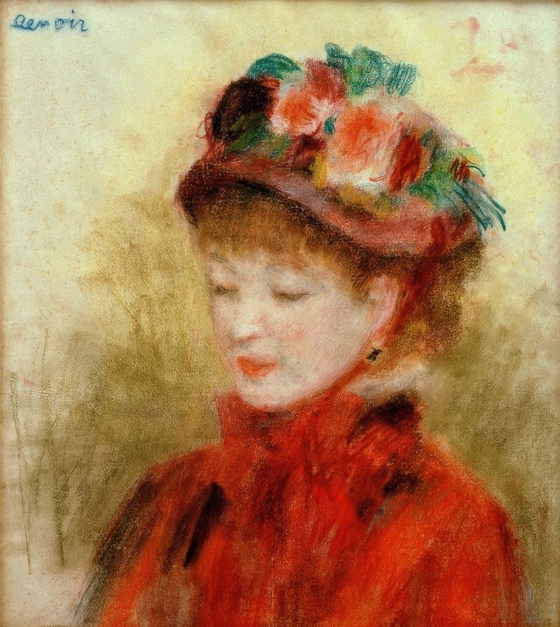 Ung kvinna i hatt med blommor av Pierre Auguste Renoir