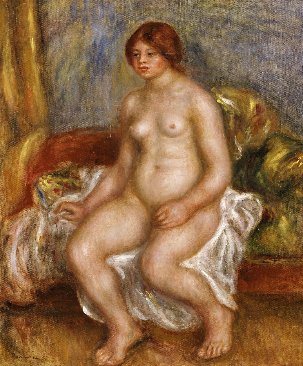 Naken kvinna på gröna kuddar, 1909 av Pierre Auguste Renoir