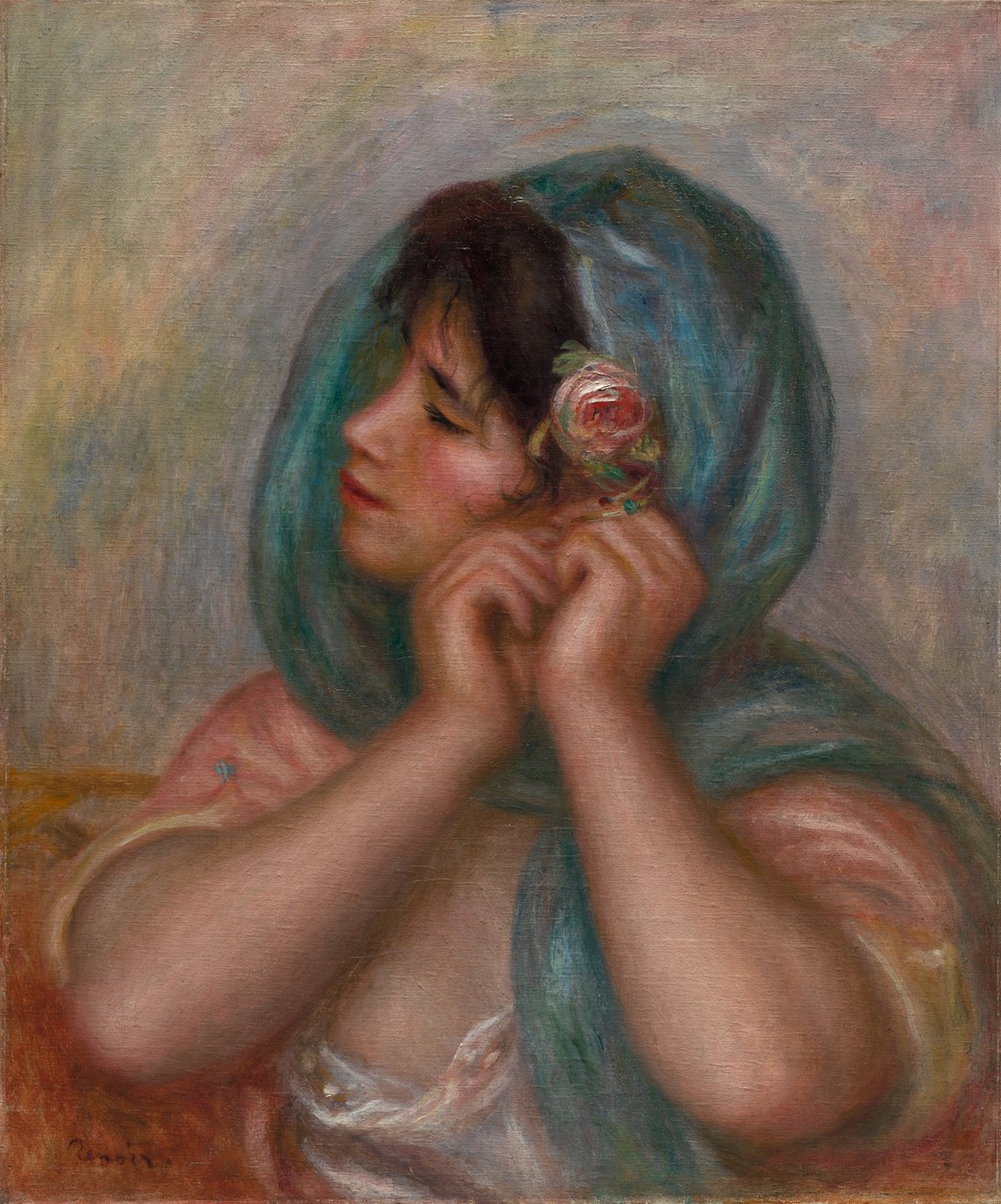 Ung kvinna som ordnar hennes örhänge av Pierre Auguste Renoir