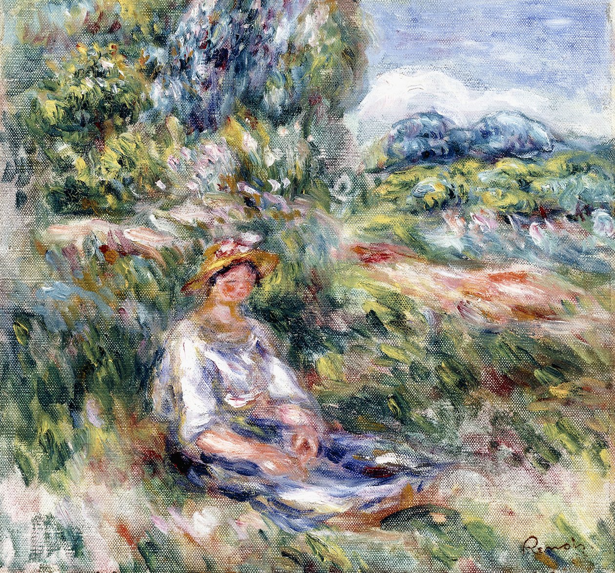 Ung kvinna sitter på en äng, av Pierre Auguste Renoir