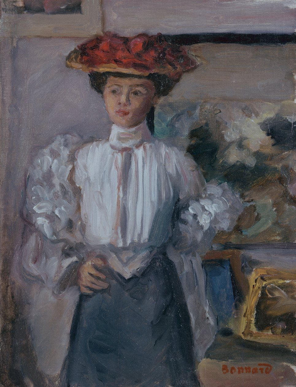 Flicka med hatt (olja på duk) av Pierre Bonnard