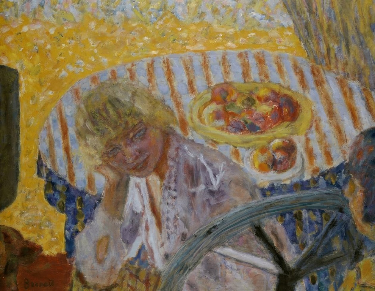 Ung kvinna med randig duk av Pierre Bonnard