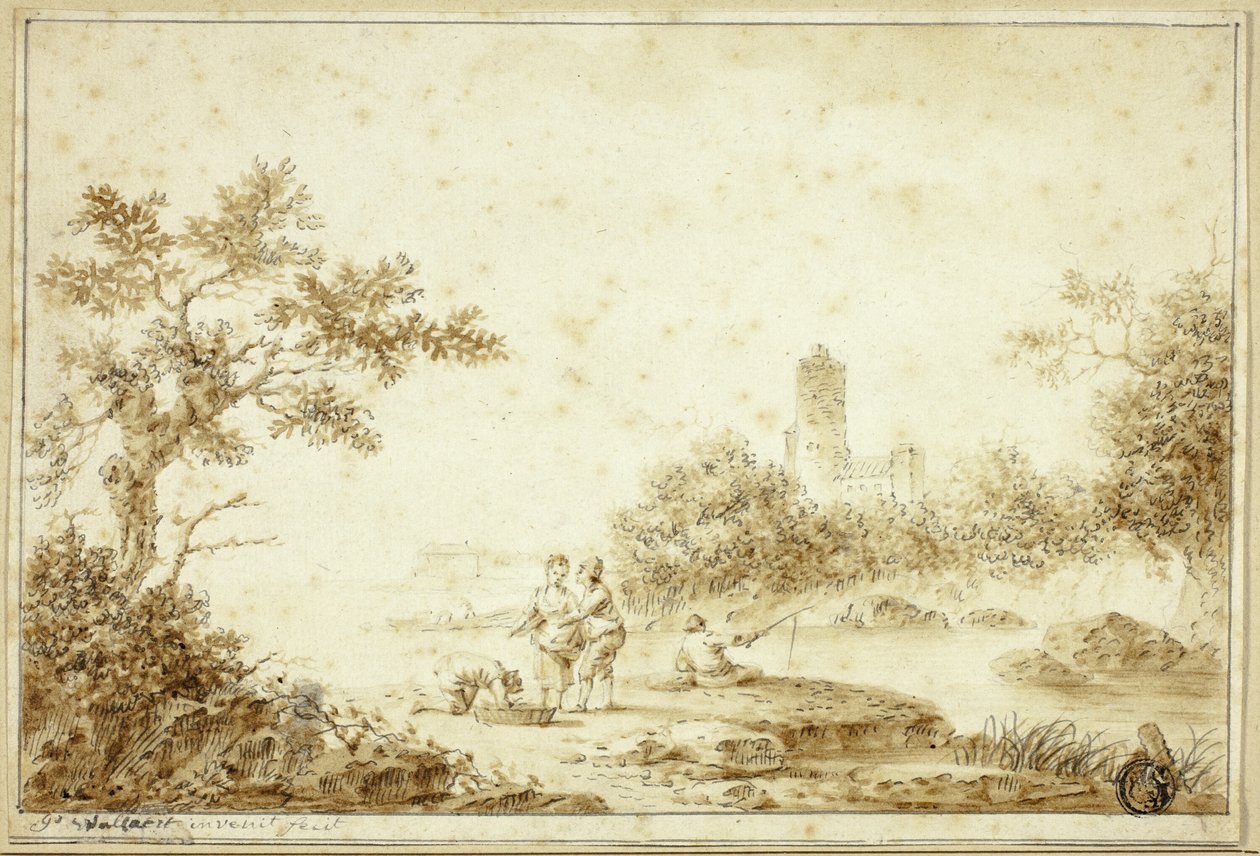 Landskap med figurer vid bäck av Pierre Joseph Wallaert