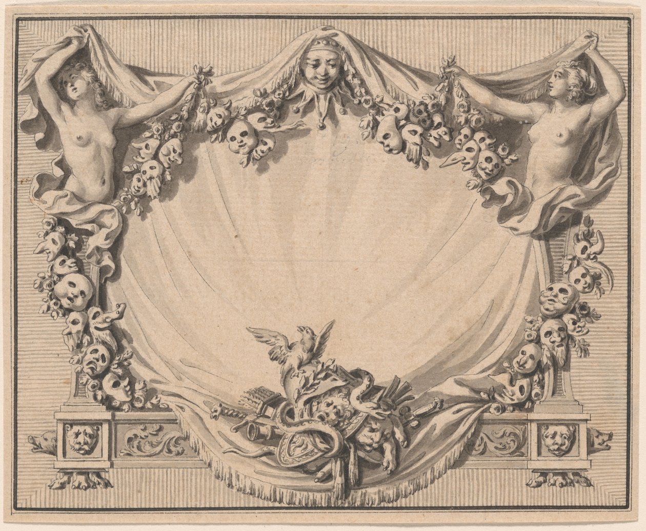 En kartusch med teatermasker av Pierre Philippe Choffard