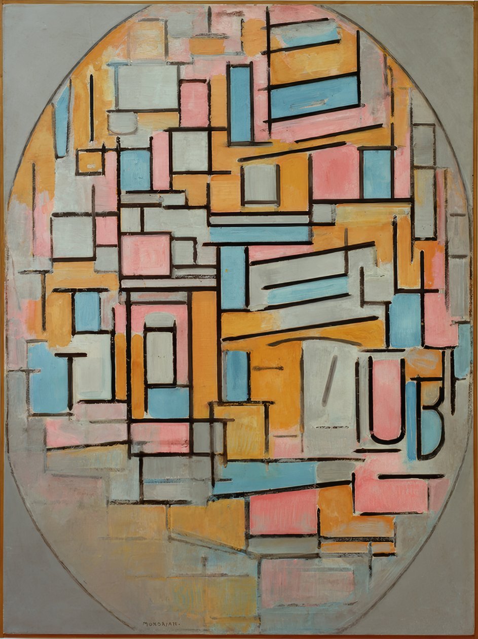 Komposition i en oval med färgade områden 2 av Piet Mondrian