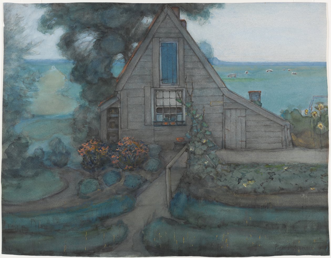 Triangulerad bondgårdsfasad med polder i blått, ca 1900 (wc & gouache på papper) av Piet Mondrian