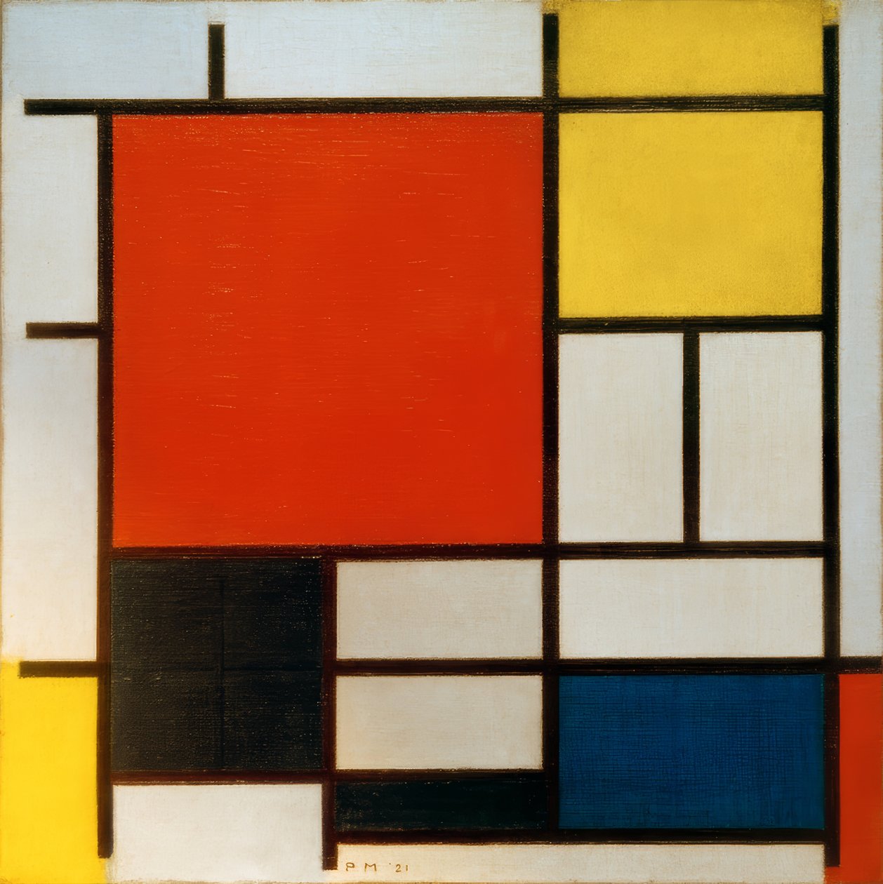 Komposition med ett stort rött område, av Piet Mondrian