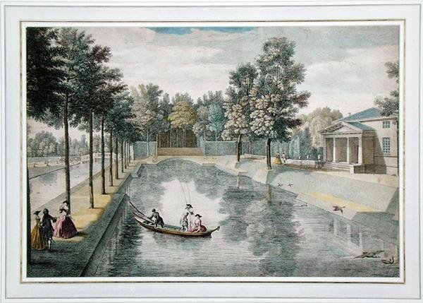 The Water Gardens at Chiswick House, London, ca 1728-30 (färggravyr) (se även 18868, 176475) av Pieter Andreas after Rysbrack