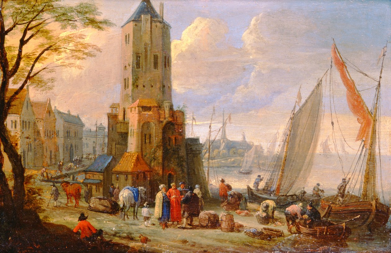 Figurer och båtar i en holländsk hamn av Pieter Bouts