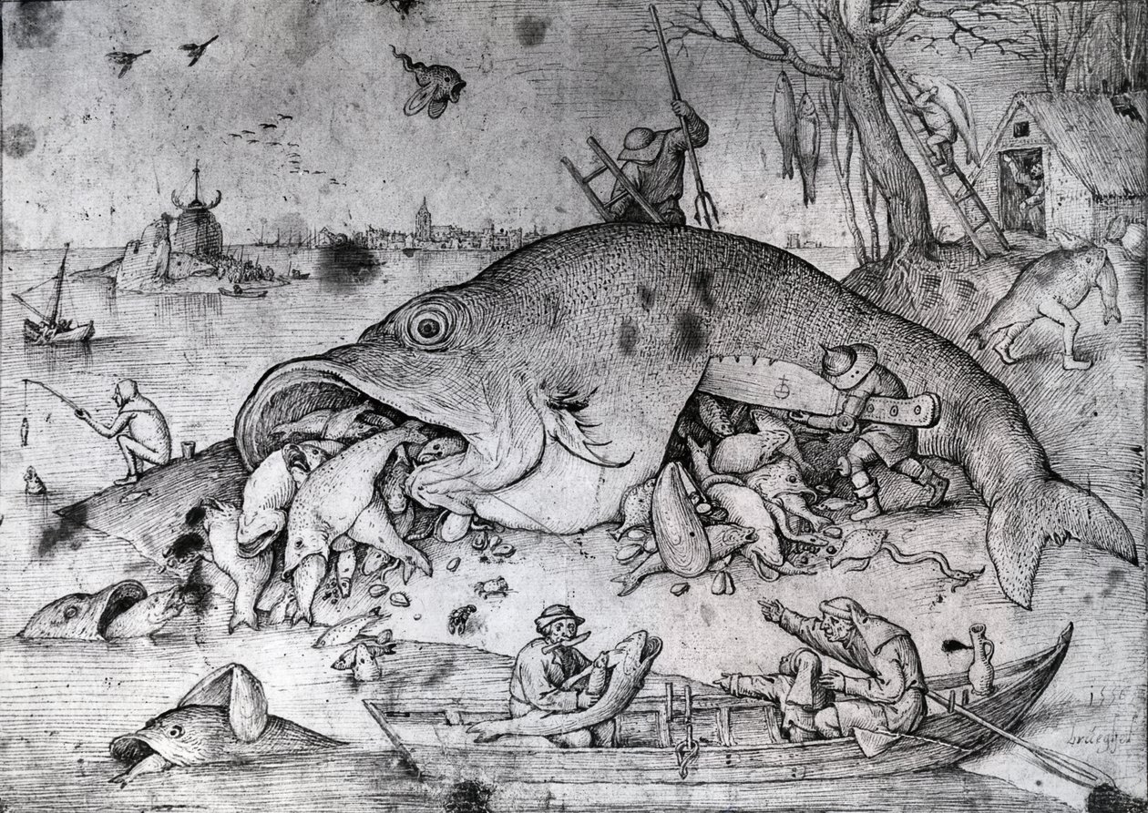 Stora fiskar äter små, 1556 (penna och bläck på papper) av Pieter Bruegel the Elder