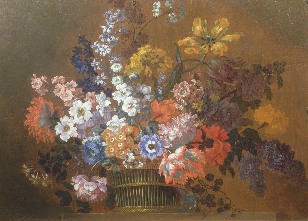 Ett stilleben av blommor i en korg på en avsats av Pieter Casteels
