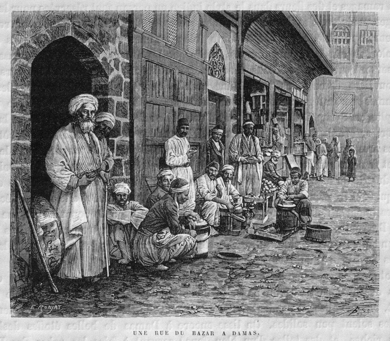 En gata i Damaskus bazar, från "Syria Today". Voyages dans la Phenicie, le Liban et la Judee. 1875-1880" av Louis Charles Emile Lortet, 1884 (gravyr i svartvitt) av Pieter Codde