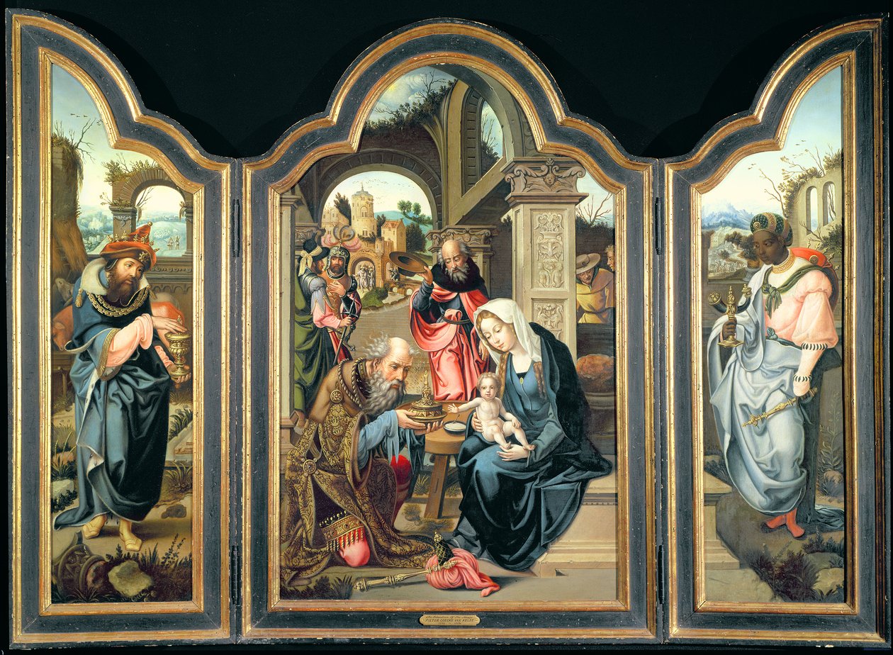 Triptyk föreställande de vise kungarnas tillbedjan, ca 1600 av Pieter Coecke van Aelst