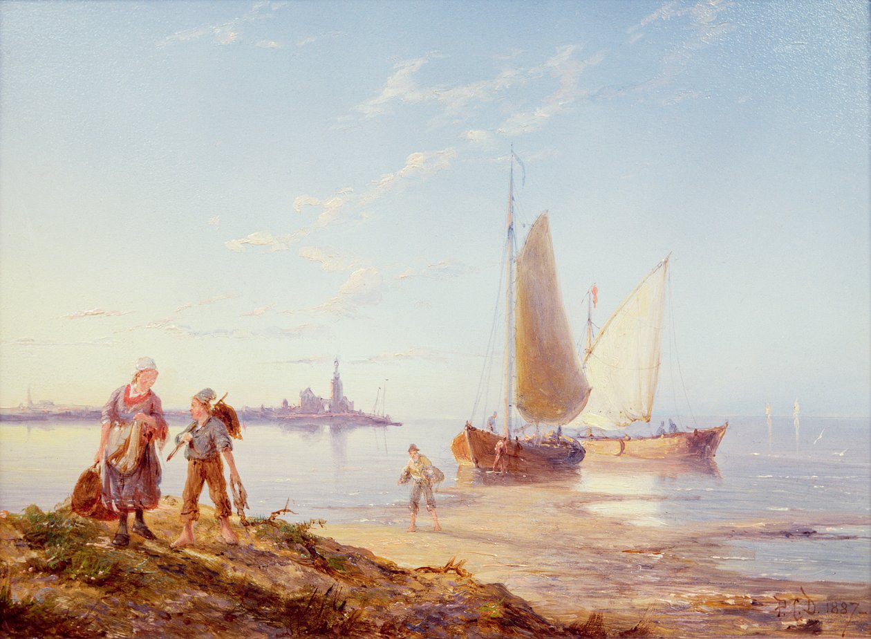 Fiskebåtar utanför stranden, 1887 av Pieter Cornelis Dommerson