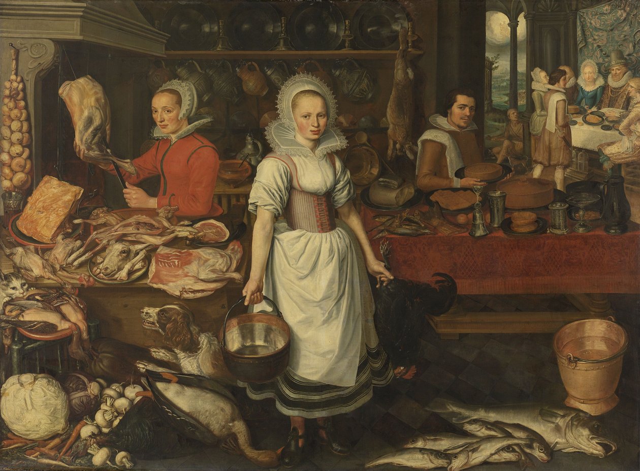 Kitchen Scene with the Parable of the Rich Man and Poor Lazarus av Pieter Cornelisz van Rijck  