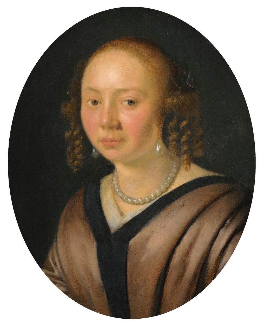 Portrait of a lady, head and shoulders wering earrings and a necklace av Pieter Cornelisz van Slingelandt