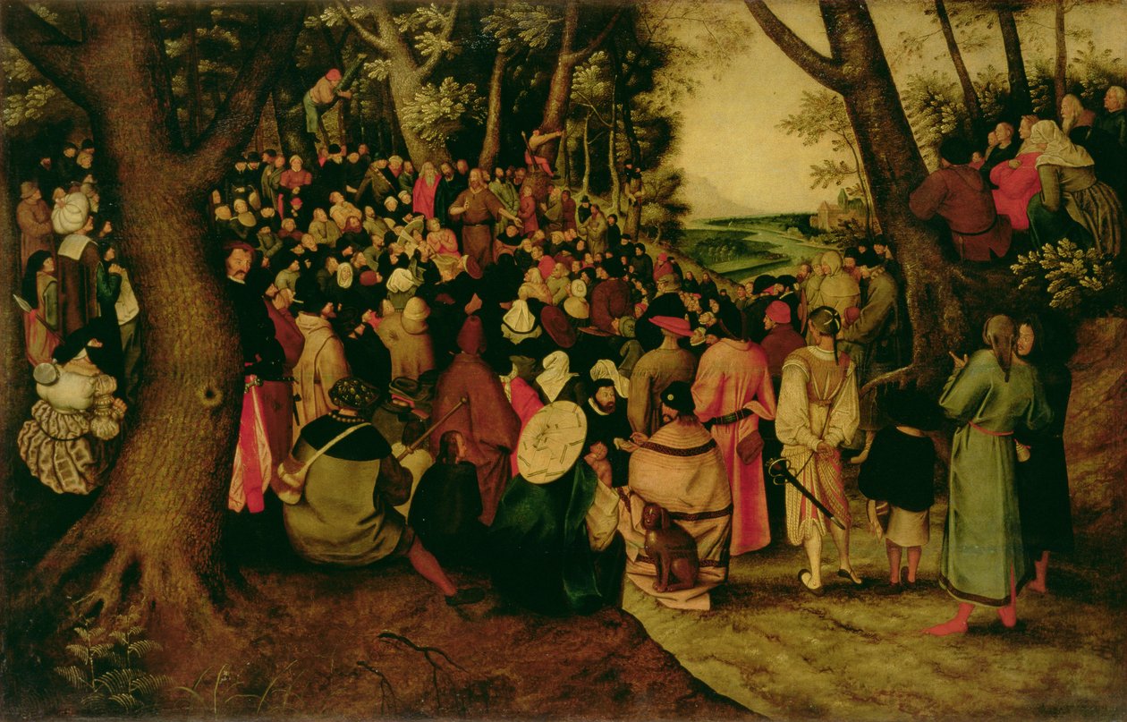 Johannes Döparens predikan, 1604 (olja på duk överförd från tavlan) av Pieter Brueghel the Younger