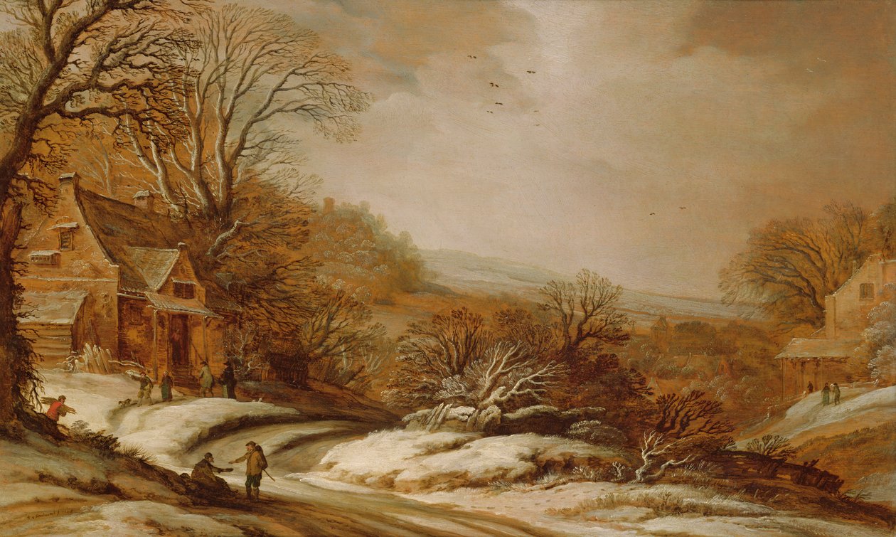 Vinterlandskap med stugor, 1625 av Pieter Dircksz Santvoort