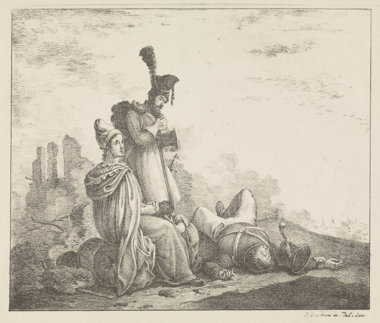 Sörjande sällskap med död soldat av Pieter Bartholomeusz. Barbiers
