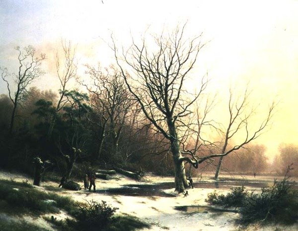 Vintersolnedgång (olja på duk) av Pieter Lodewijk Francisco Kluyver