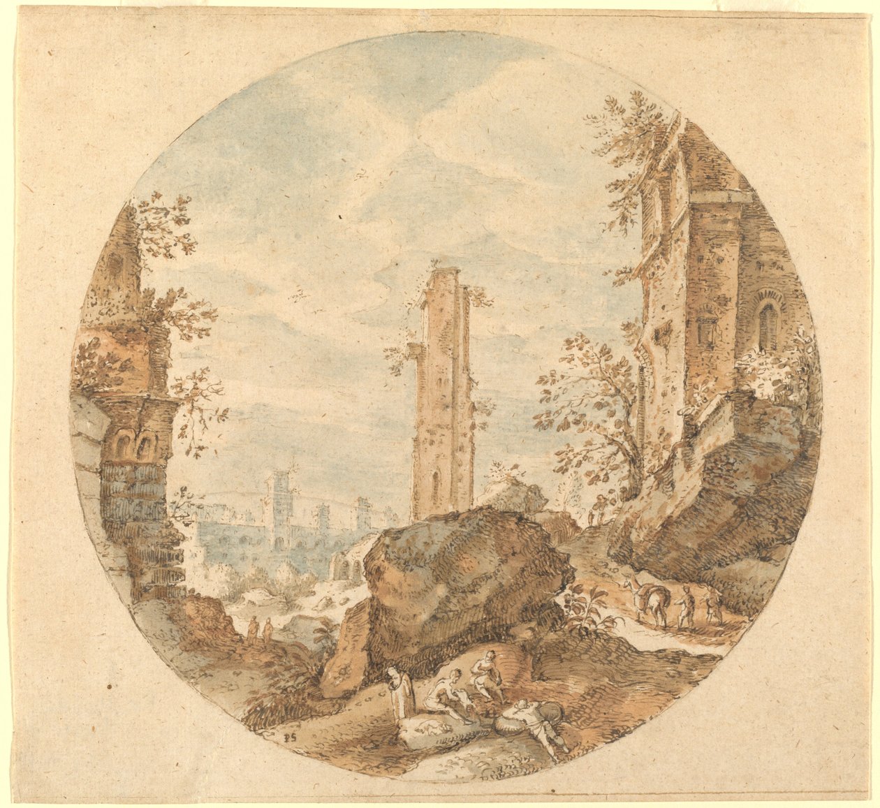 Resenärer bland romerska ruiner av Pieter Stevens