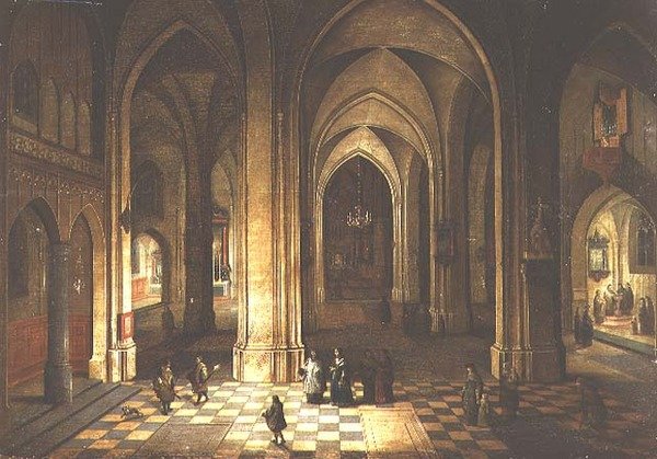 Kyrkans interiör på natten av Pieter the Younger Neeffs