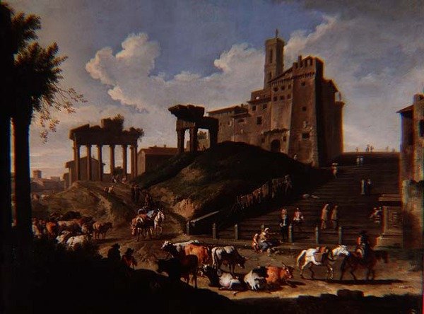 Capriccio utsikt över Campo Vacchino av Pieter van Bloemen