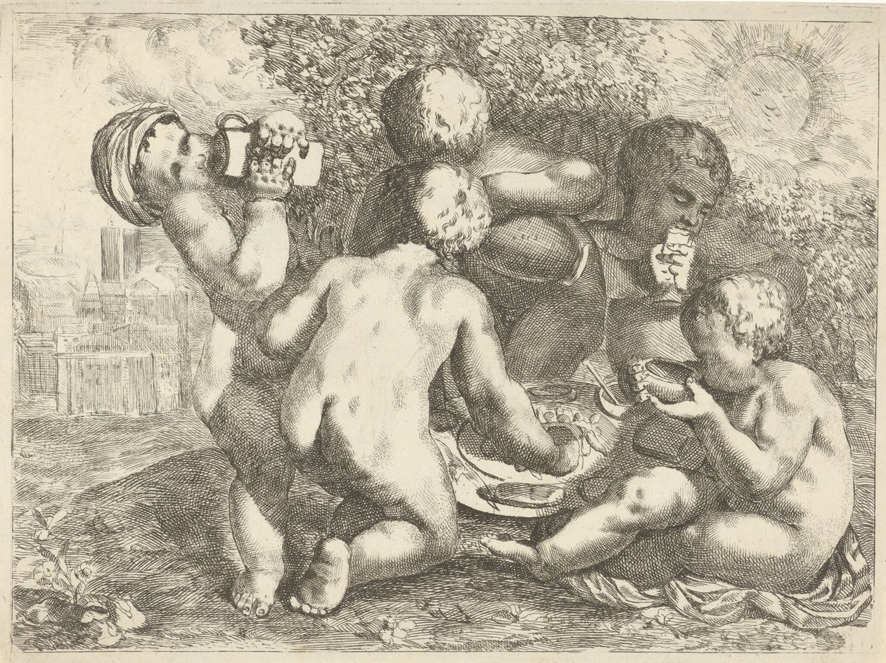 Bacchanal med fem putti av Pieter van der Plas (II)