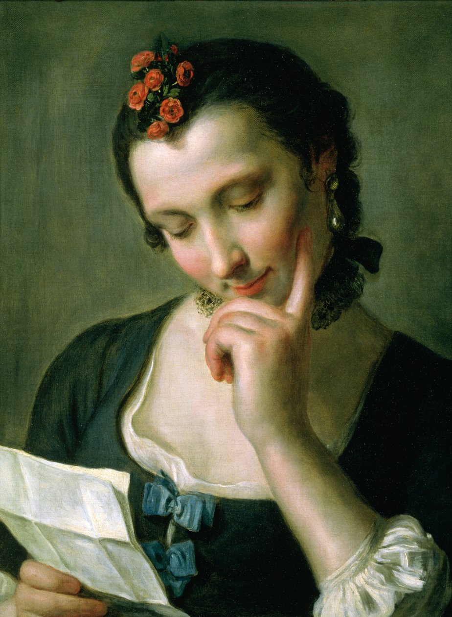 En ung kvinna som läser ett kärleksbrev av Pietro Antonio Rotari
