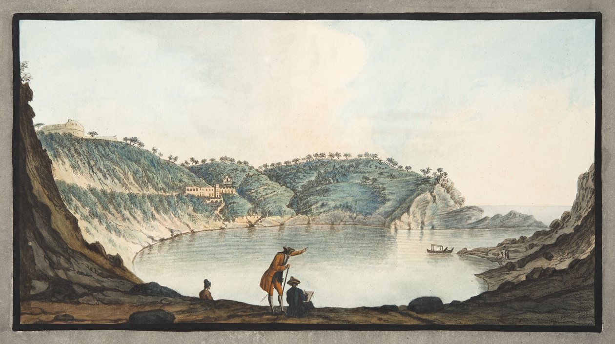 Vy över Porto Pavone på ön Nisida, platta XXII från "Campi Phlegraei: Observations on the Volanoes of the Two Sicilies", av Sir William Hamilton (1730-1803), publicerad 1776 (handfärg). av Pietro Fabris